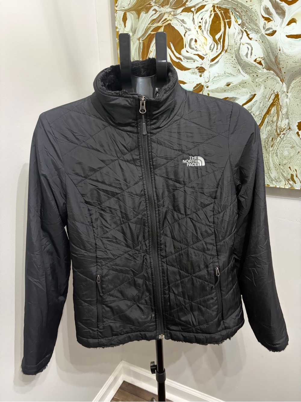 The North Face Black Mossbud Reversible Jacket Women's Small Quilted Fleece Flaw
